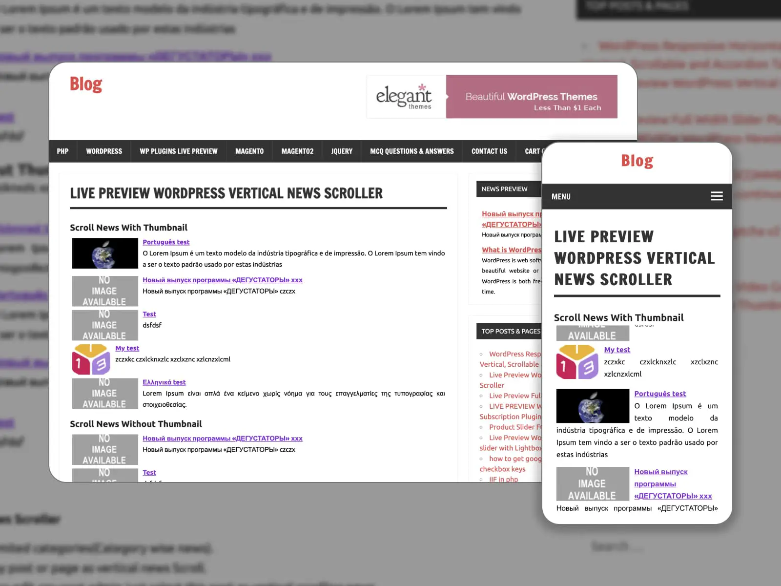 Live-Vorschauseite des WordPress Vertical News Scroller-Plugins.