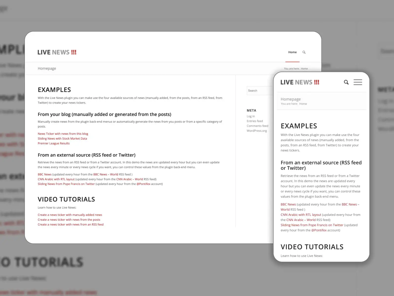 Colagem da página inicial do plugin Live News com exemplos na cor branca.