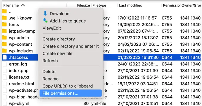 Selecting File Permissions From the Menu in Your FTP Client