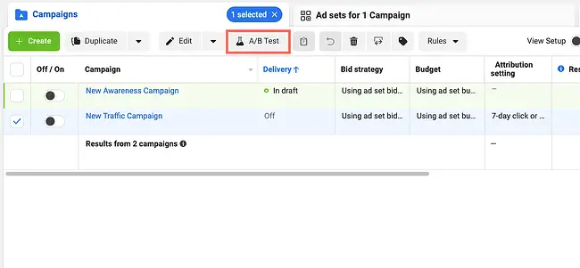 test a/b su facebook: pulsante test a/b sulla barra degli strumenti