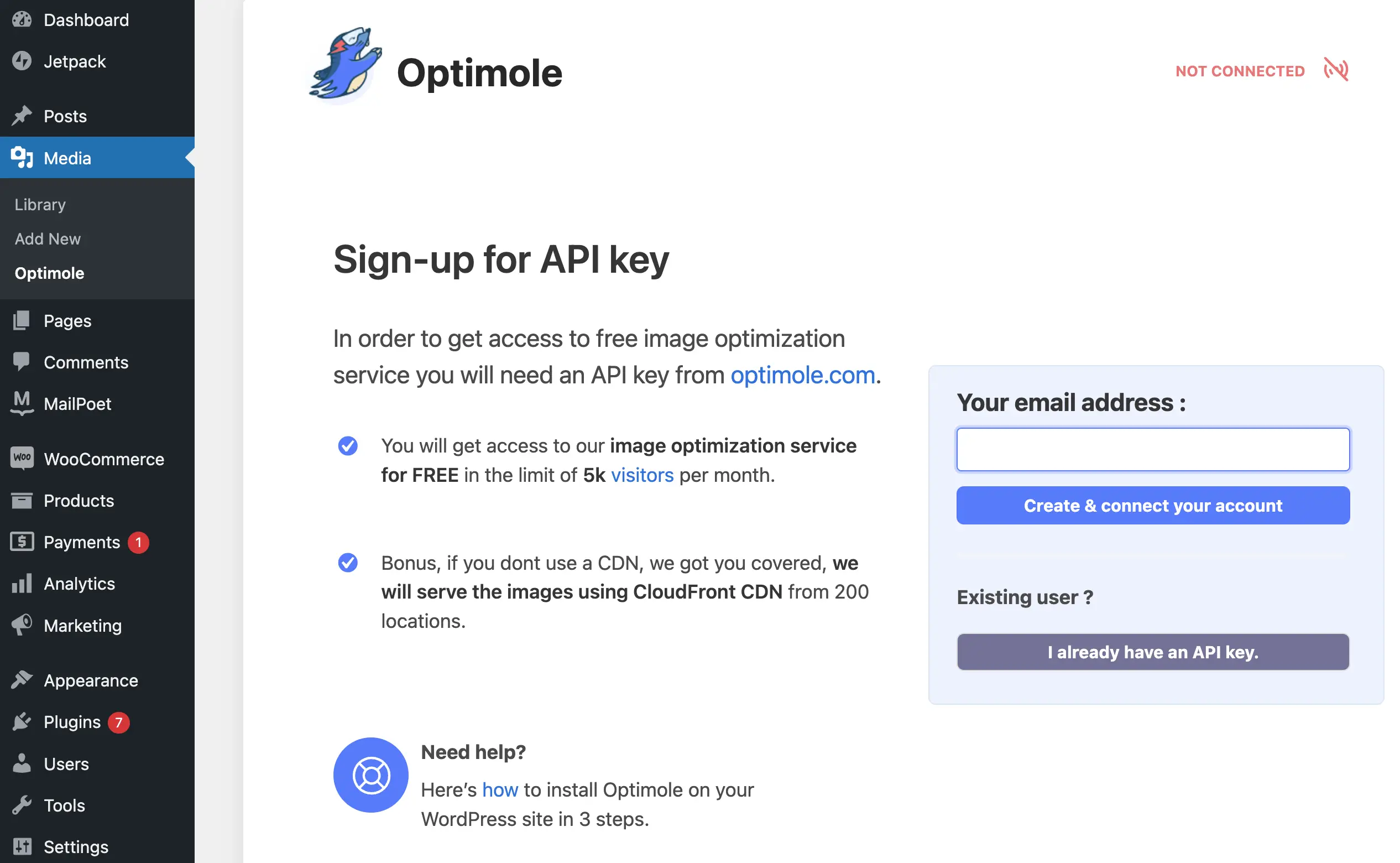 Pagina di registrazione Optimole nella dashboard di WordPress