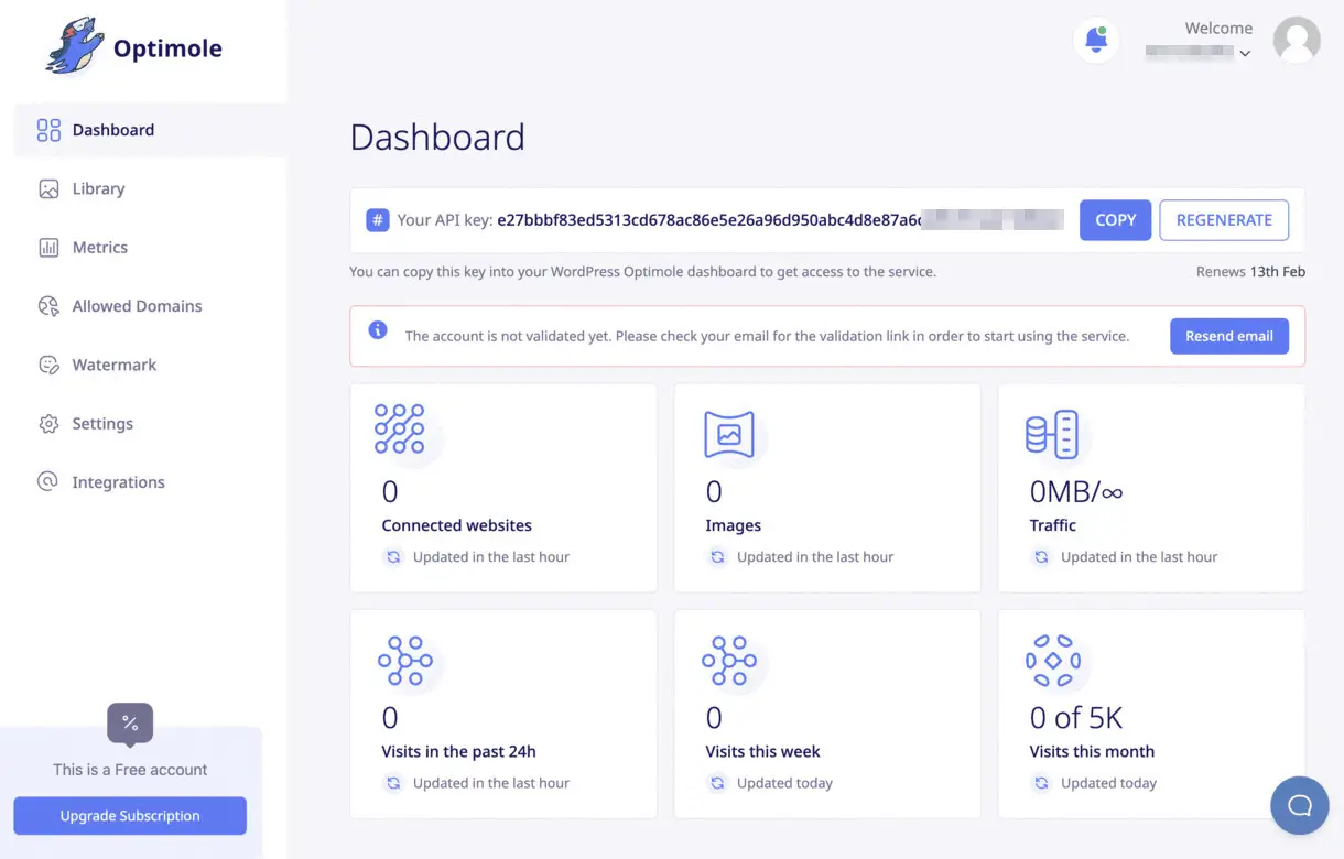 La dashboard utente di Optimole