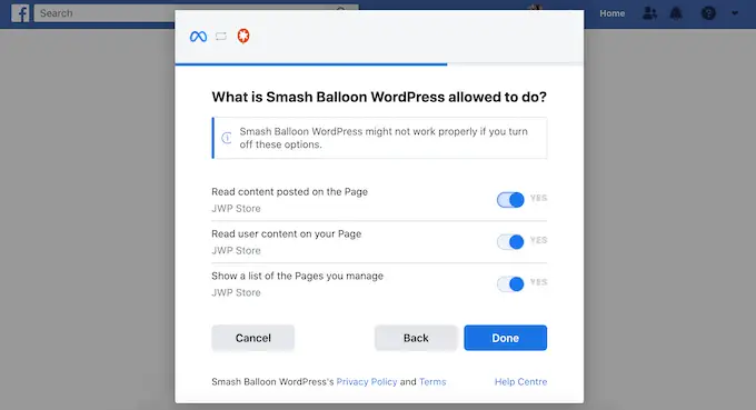 Changing the Facebook permissions in Smash Balloon