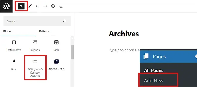 Add the Compact archives block to a page