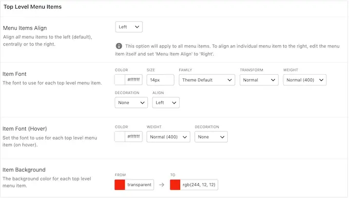 Customizing how the top level menu items look