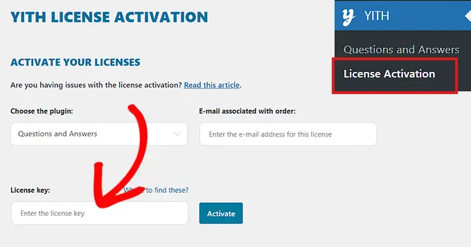 Activate your YITH plugin with the license key