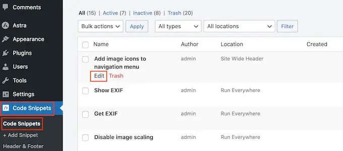 Editing a code snippet using WPCode