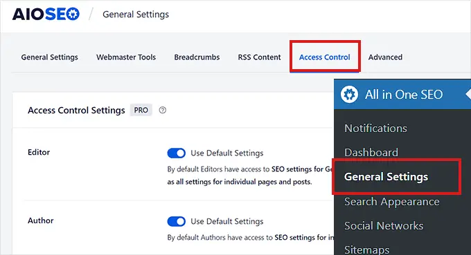 Click the Access Control tab on the General Settings page in AIOSEO