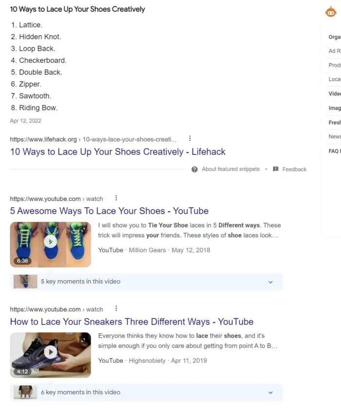 Hasil Google untuk istilah "cara berbeda untuk mengikat sepatu kets Anda".