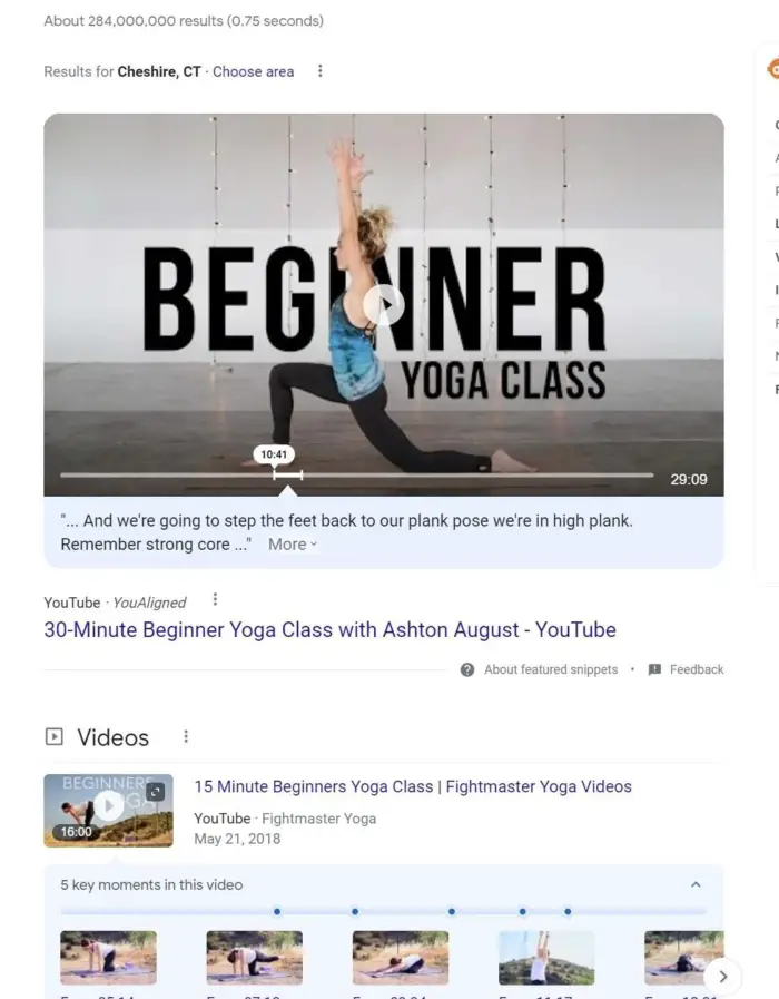 Hasil Google untuk istilah "kelas yoga untuk pemula".