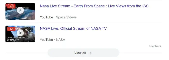 Streaming langsung NASA dari hasil Google.