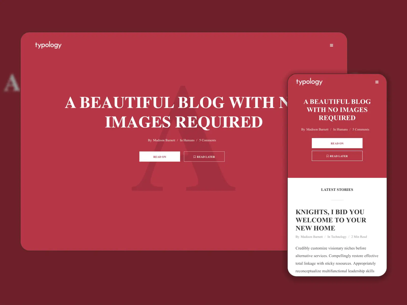 Collage of the Typology blog Personal blog WordPress theme demo page in red and white color بدون صور.