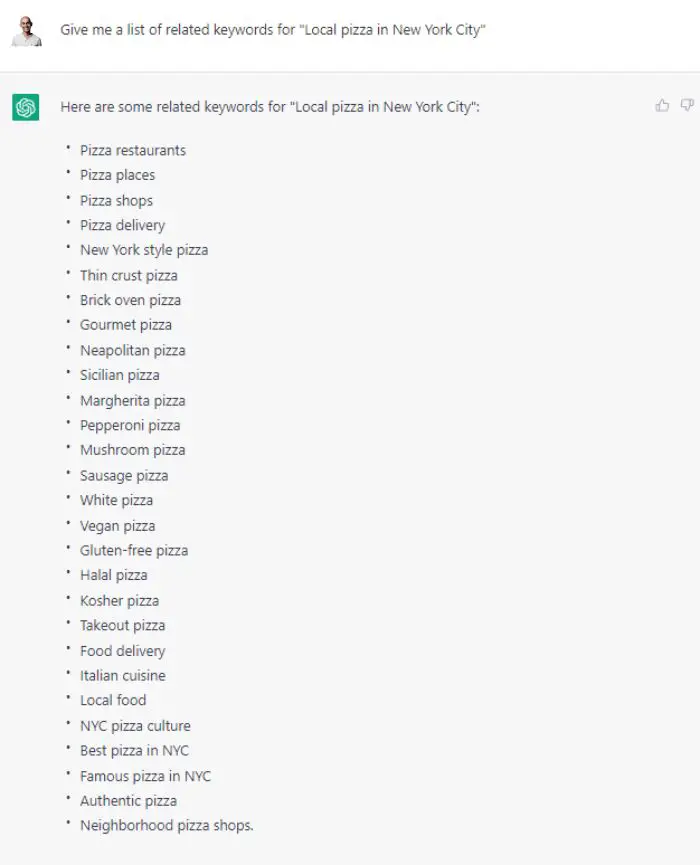 استجابة ChatGPT تسأل عن الكلمات الرئيسية للبيتزا في مدينة نيويورك.