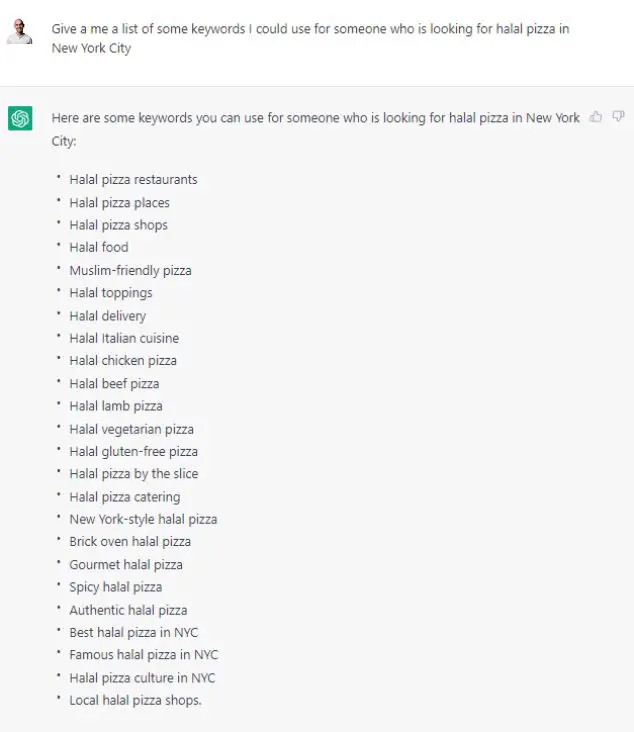 استجابة ChatGPT تسأل عن البيتزا الحلال في مدينة نيويورك.