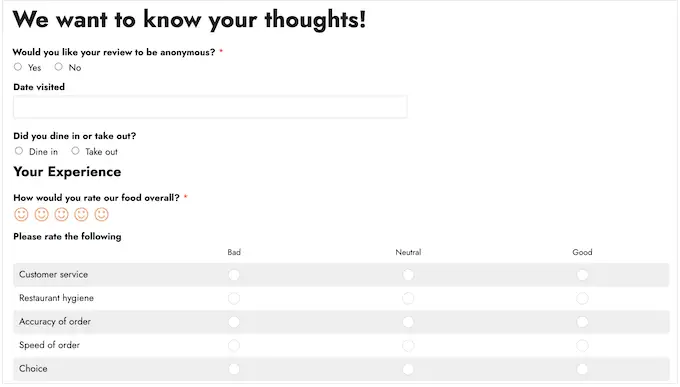 A restaurant review form, created using WPForms