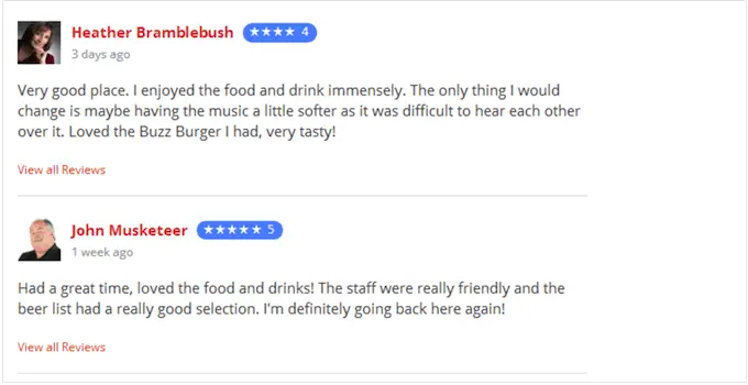 Customer reviews embedded on a WordPress website