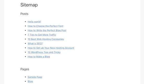 HTML sitemap example page