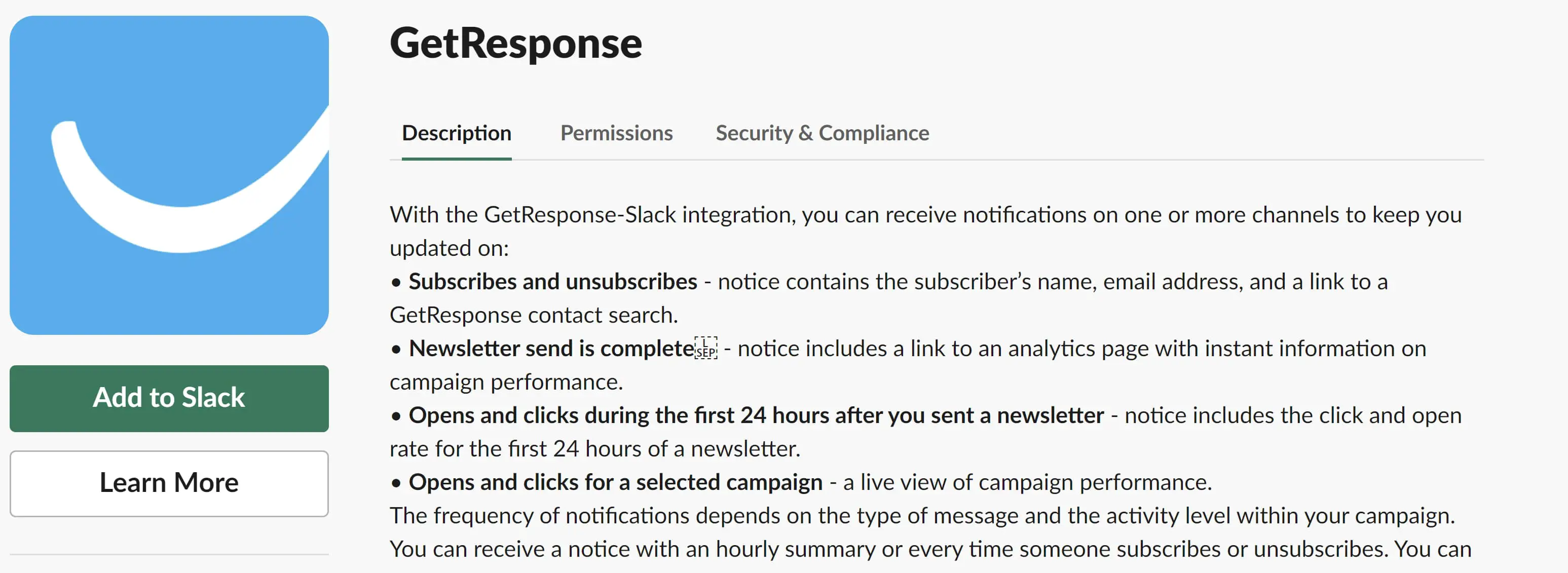 Cuplikan layar GetResponse, bot untuk Slack