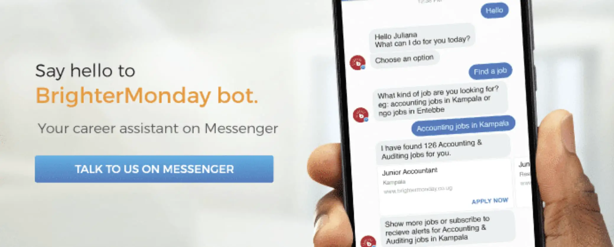 Cuplikan layar BrighterMonday, bot Facebook Messenger