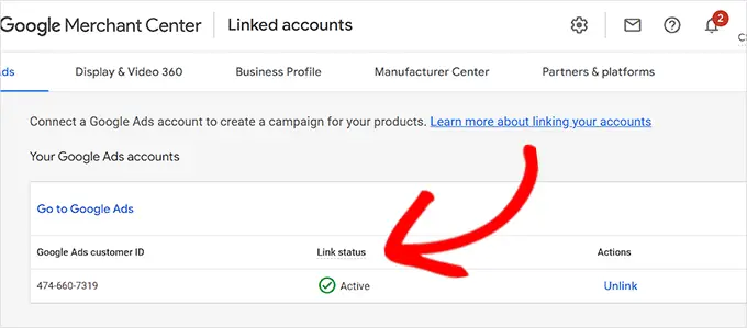 GMC account has now been linked to the Google Ads account