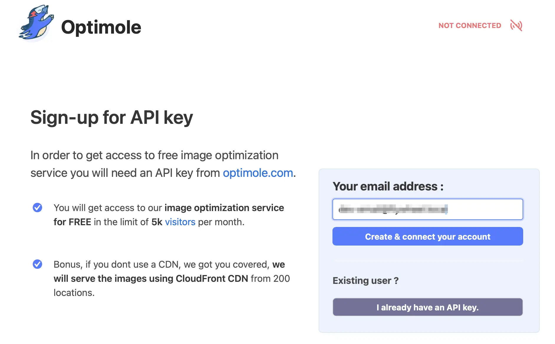 Buat akun Optimole terlebih dahulu untuk memperluas WordPress agar menghosting gambar secara eksternal.