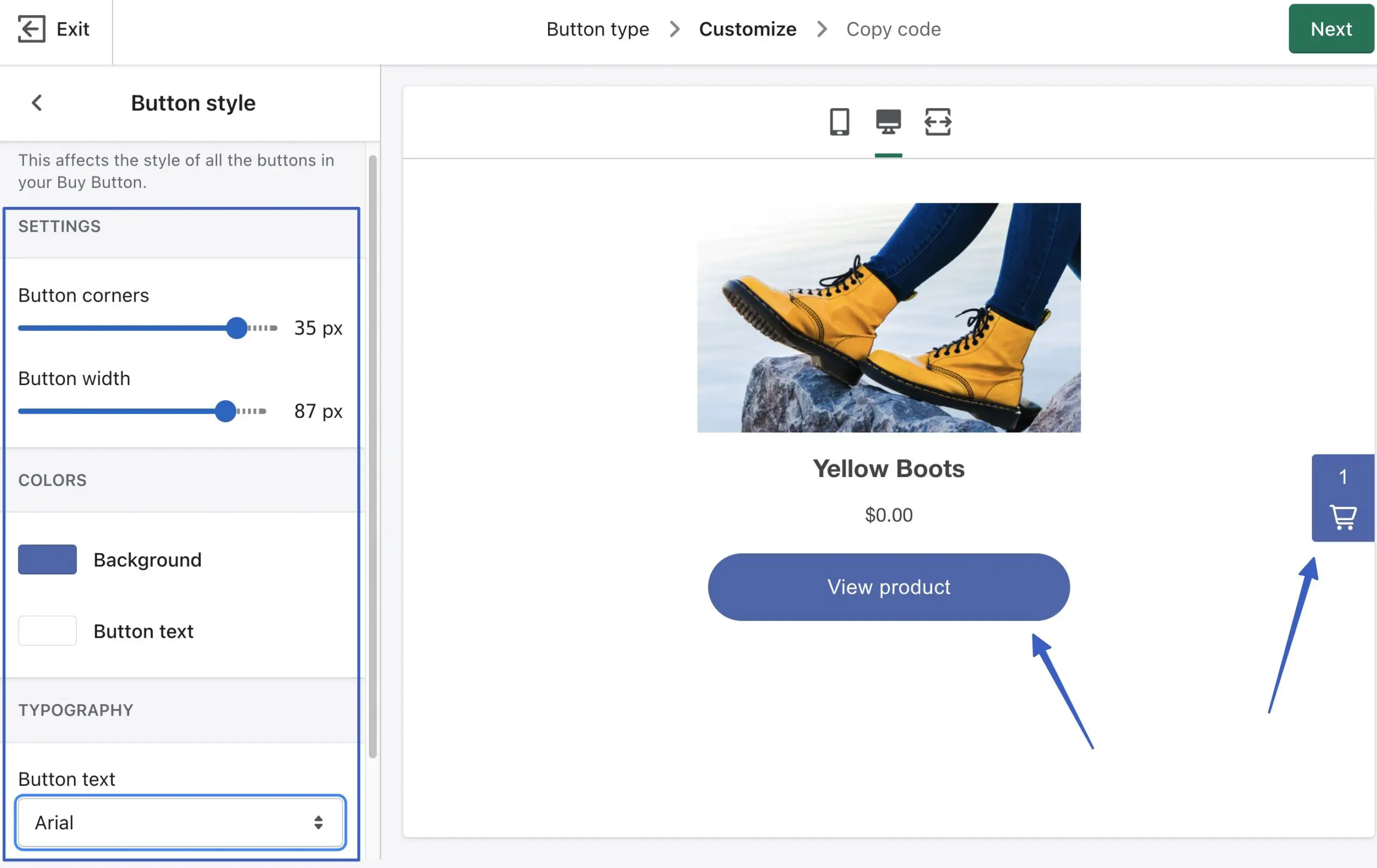 personalizzare le impostazioni dello stile del pulsante per l'integrazione di Shopify con WordPress