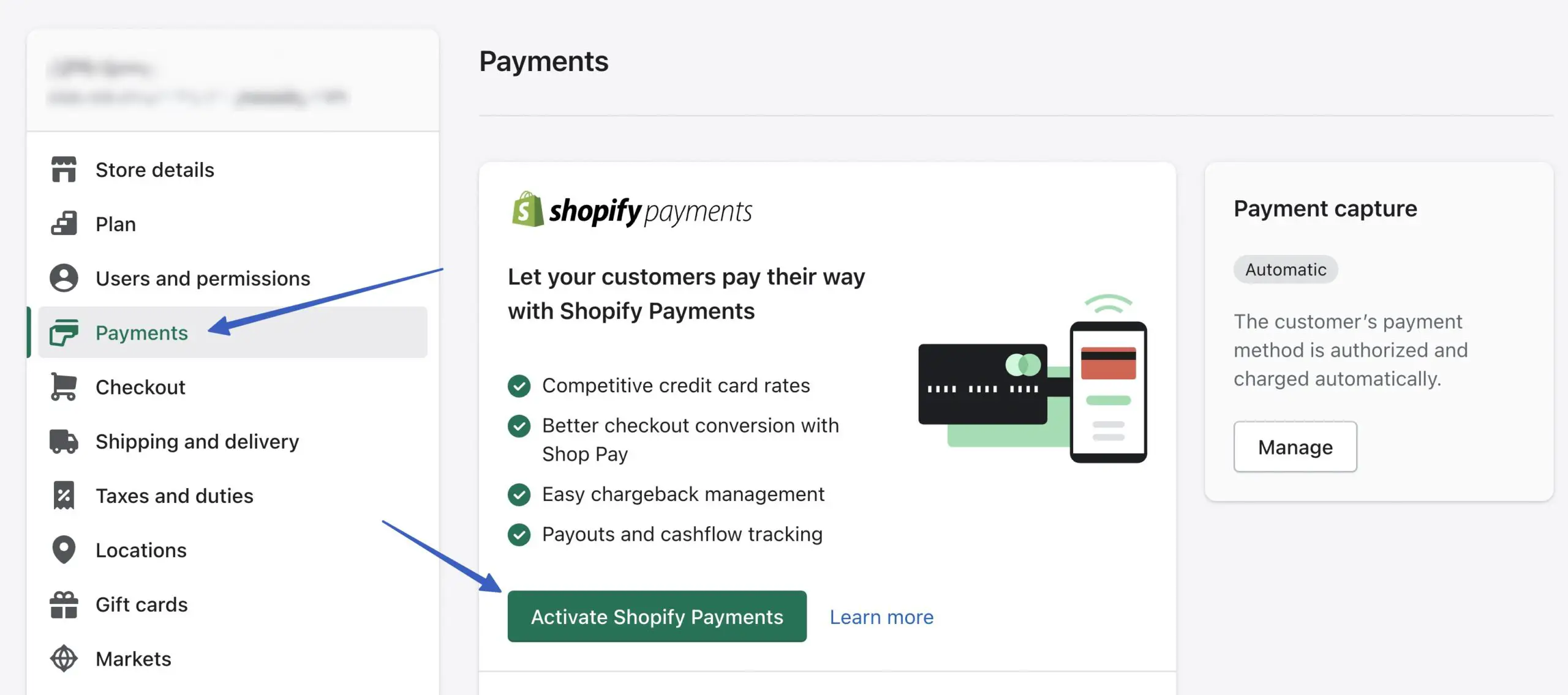 l'attivazione dei pagamenti Shopify per l'integrazione WordPress di Shopify