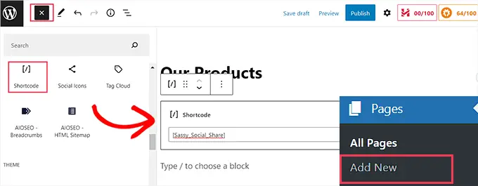 Add shortcode in the block editor