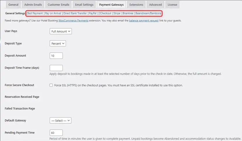 Cuplikan layar dari gateway pembayaran plugin pemesanan hotel MotoPress.