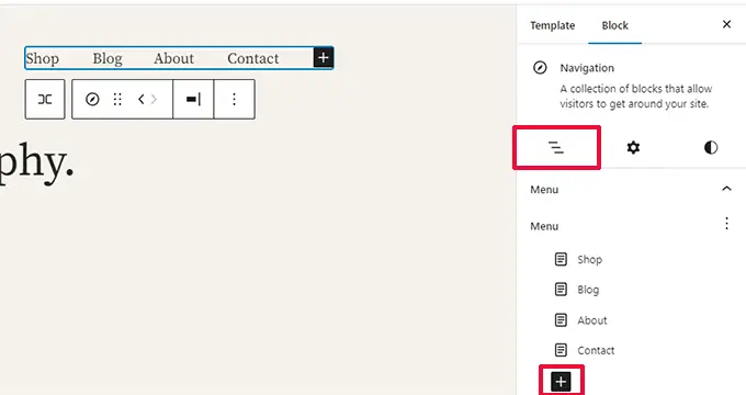 Managing menu items in block panel