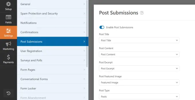 Post submission settings in WPForms