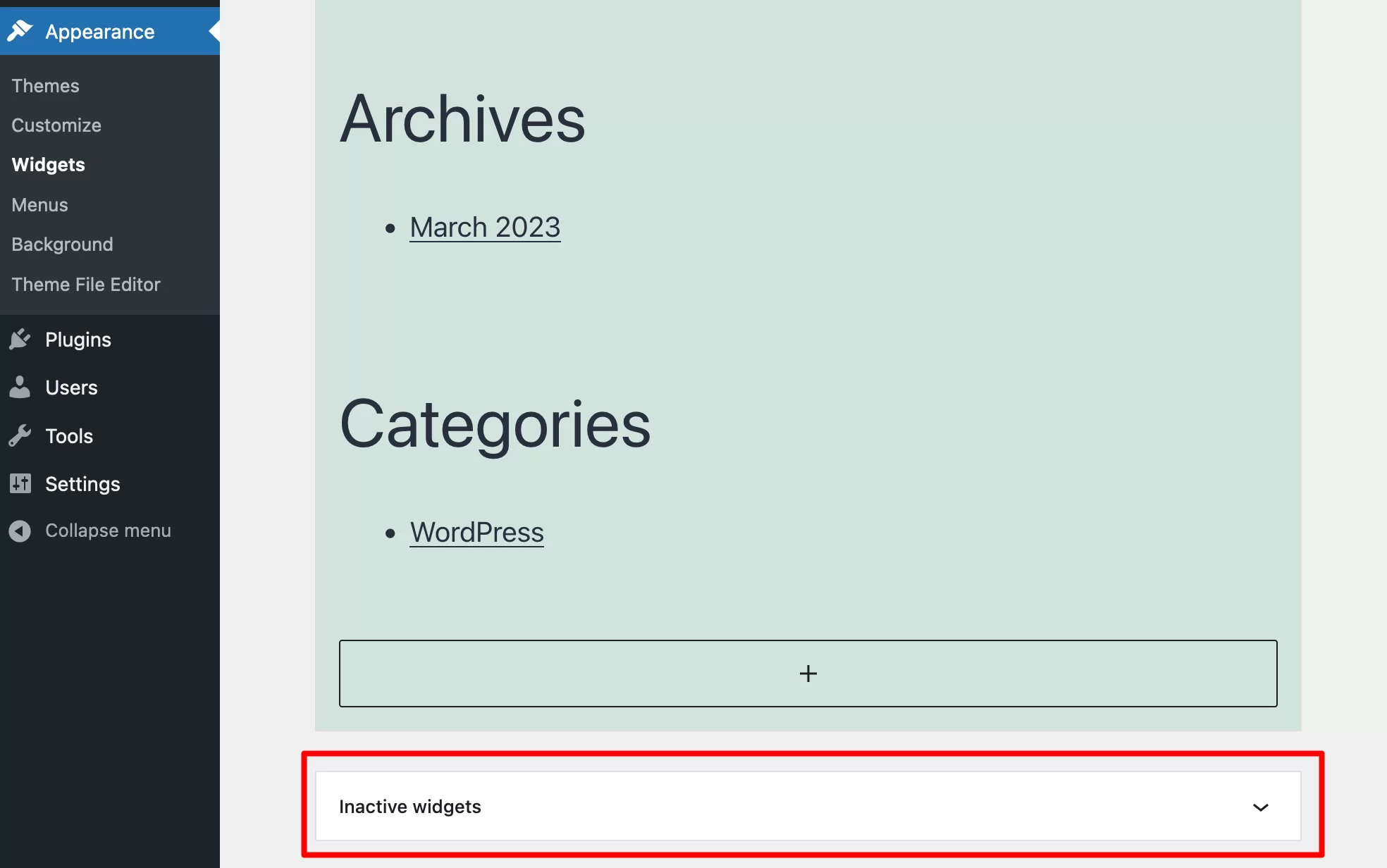 Menonaktifkan widget setelah menghapus tema WordPress.