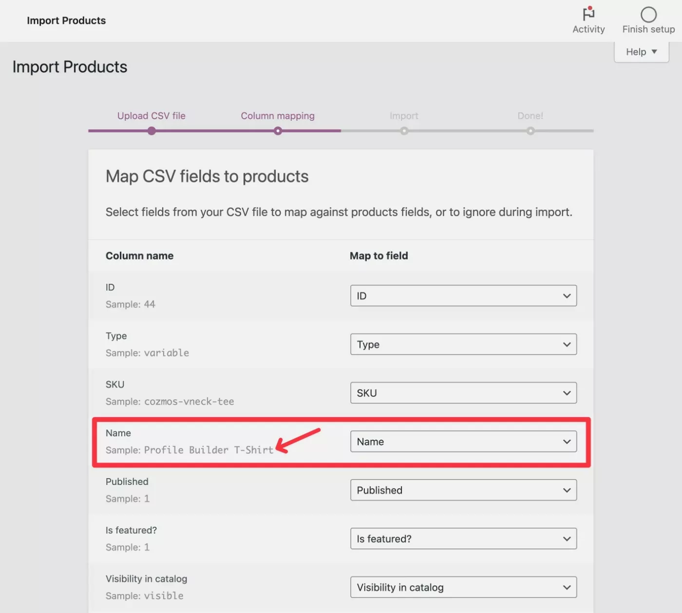 Petakan kolom CSV ke produk WooCommerce