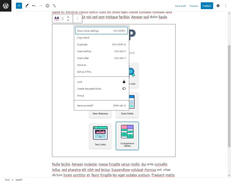 Pengaturan Blok AAWP Gutenberg