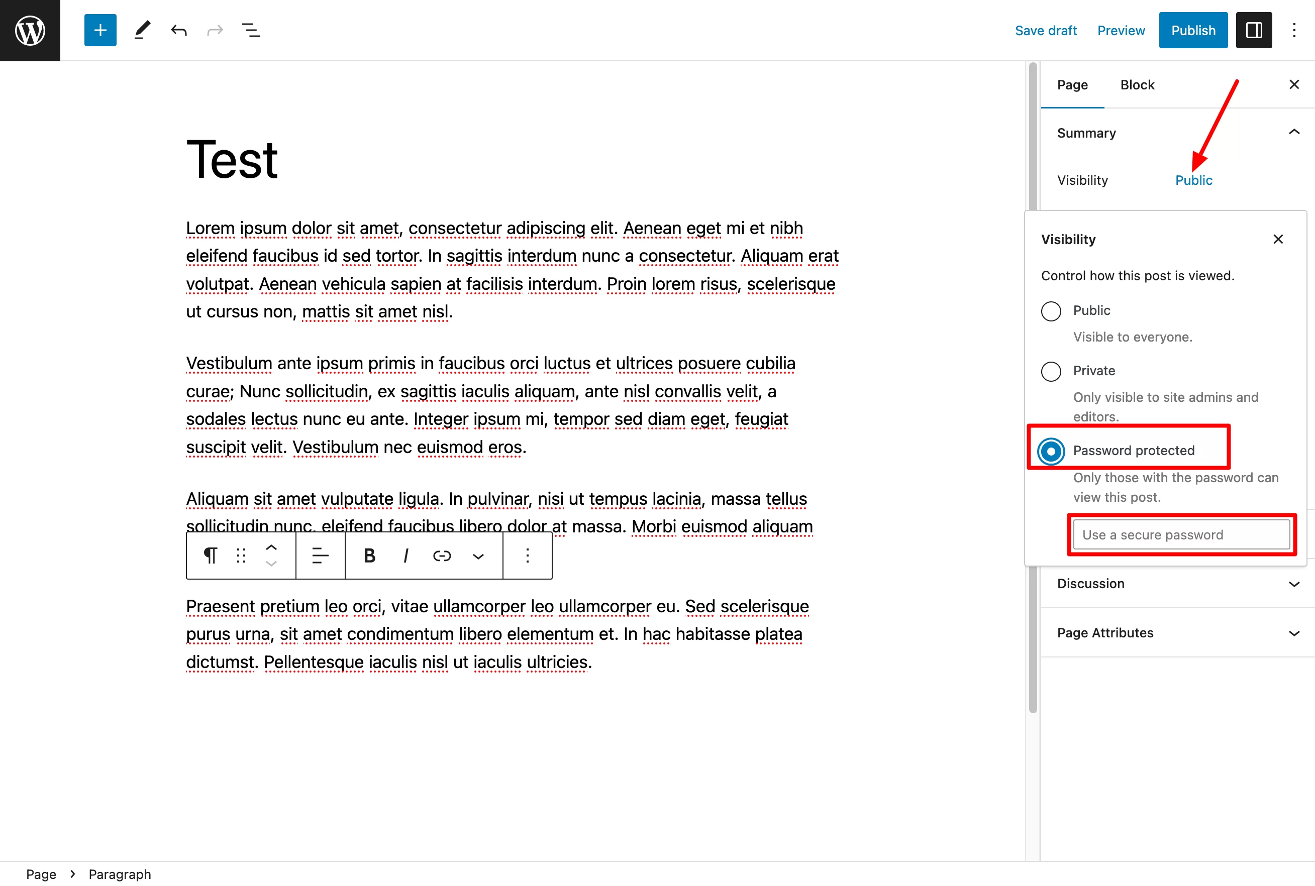 WordPress tiene una función de protección de contraseña por defecto.