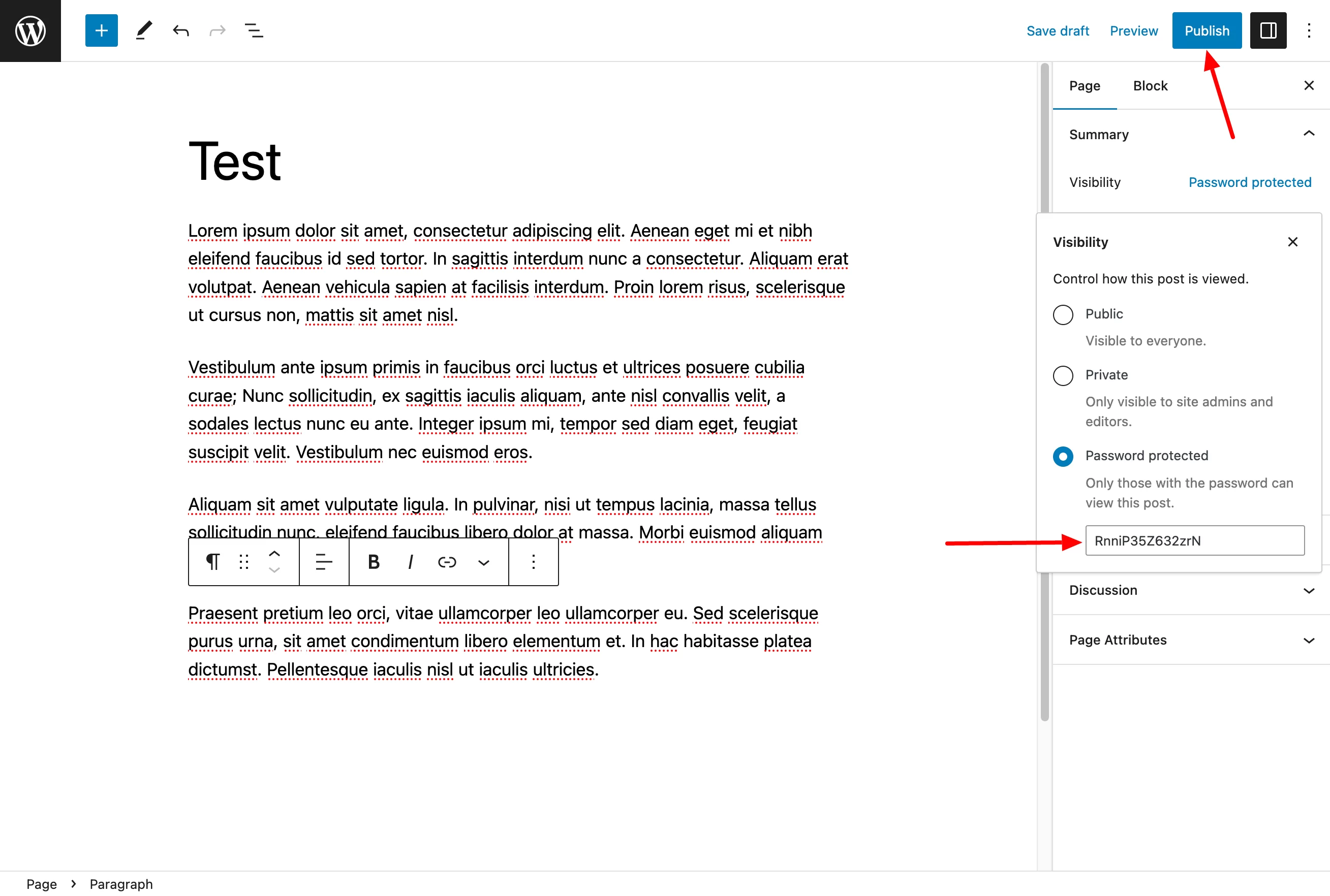 En WordPress, puede establecer una contraseña para una página antes de publicarla.