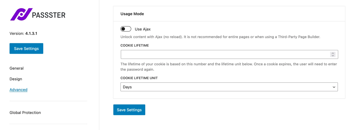 Configuración de cookies de Passster.