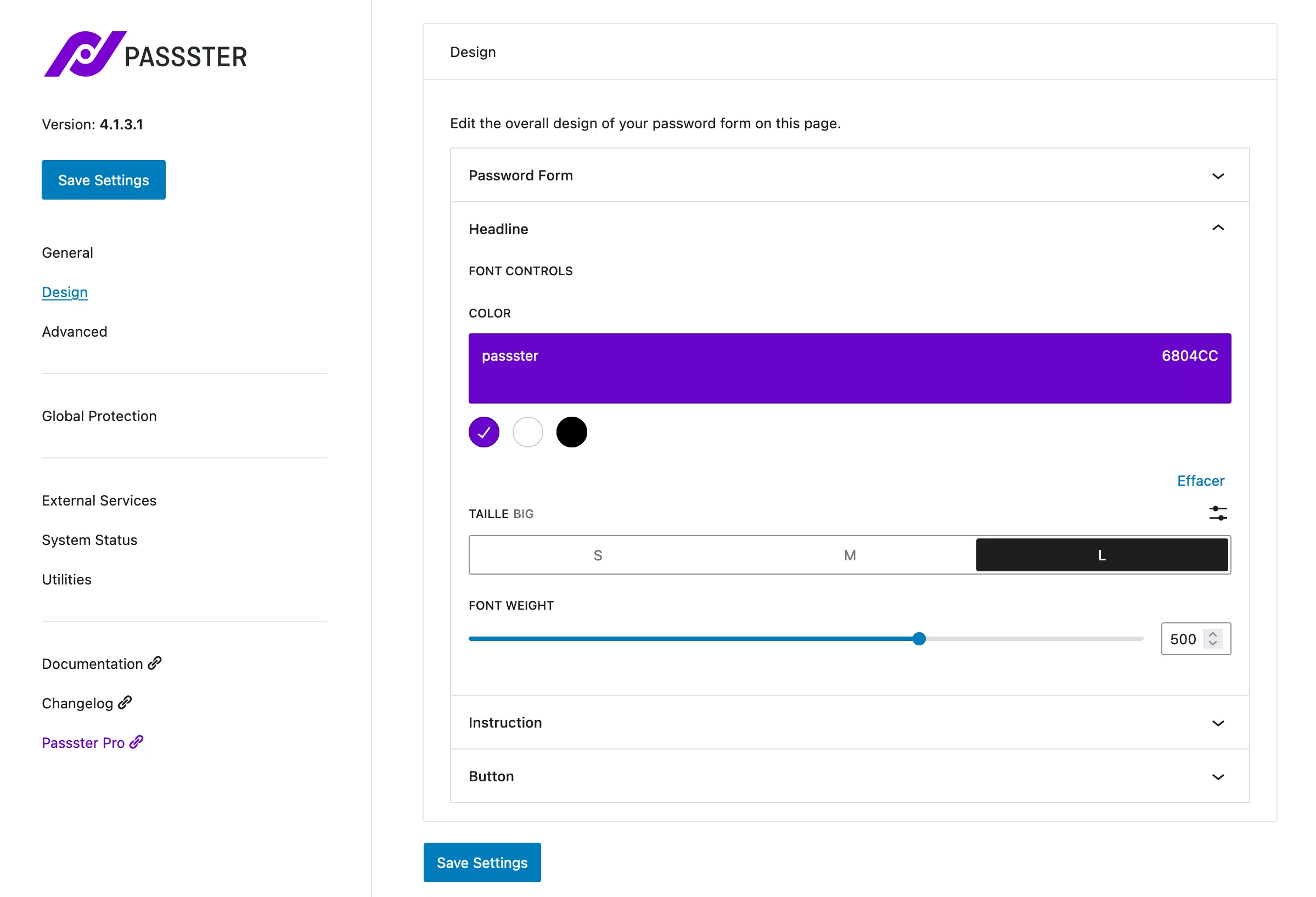 Configuraciones de diseño en Passster.