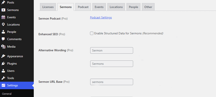 Vaya a Sermones y haga clic en Configuración