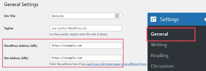 Check your WordPress and site address from the WordPress admin