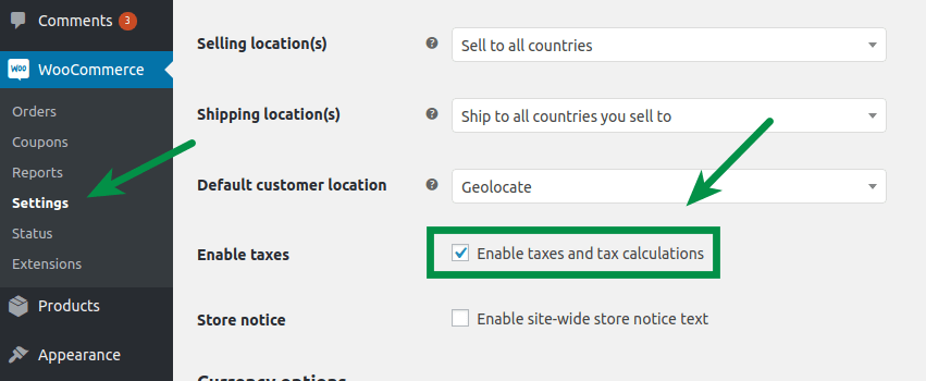 Impostazioni WooCommerce: casella di spunta abilitata tasse contrassegnata