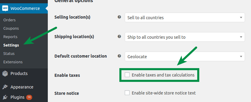 Impostazioni WooCommerce: abilita la casella di controllo delle tasse