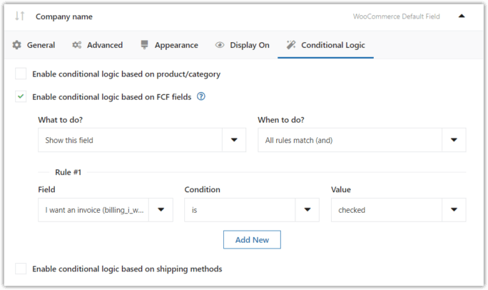 pestaña de lógica condicional en la configuración de campo predeterminada de woocommerce