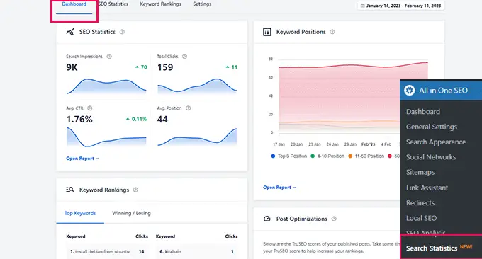 Search statistics dashboard