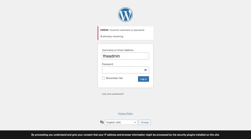 間違ったログインが表示され、wp-admin 画面に入る試行が 3 回残っていることを示す WordPress ログイン ページ。