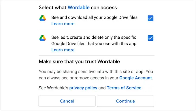 Giving Wordable access to your Google Drive