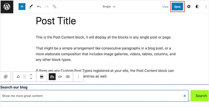 Publishing a block-enabled template with a search bar