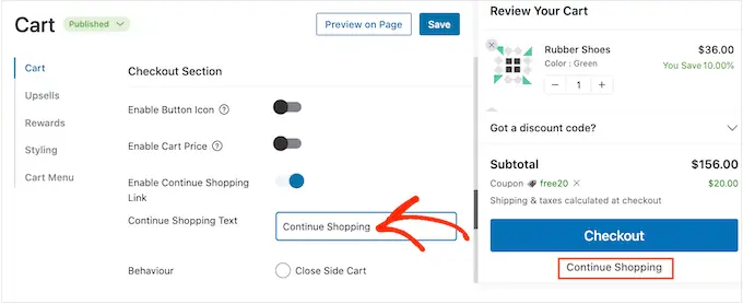 Customizing the 'Continue shopping' text