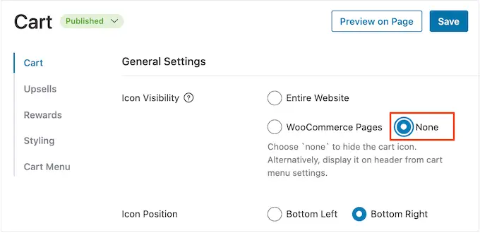 FunnelKit's 'icon visibility' settings