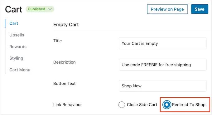 Enabling 'redirect to shop' in the FunnelKit WordPress plugin